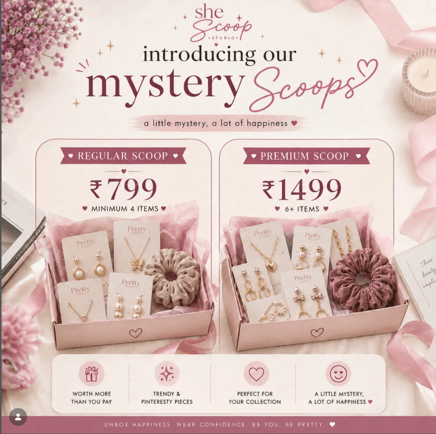 SheScoop mystery scoops Regular and Premium packages Pretty Peheno jewellery India