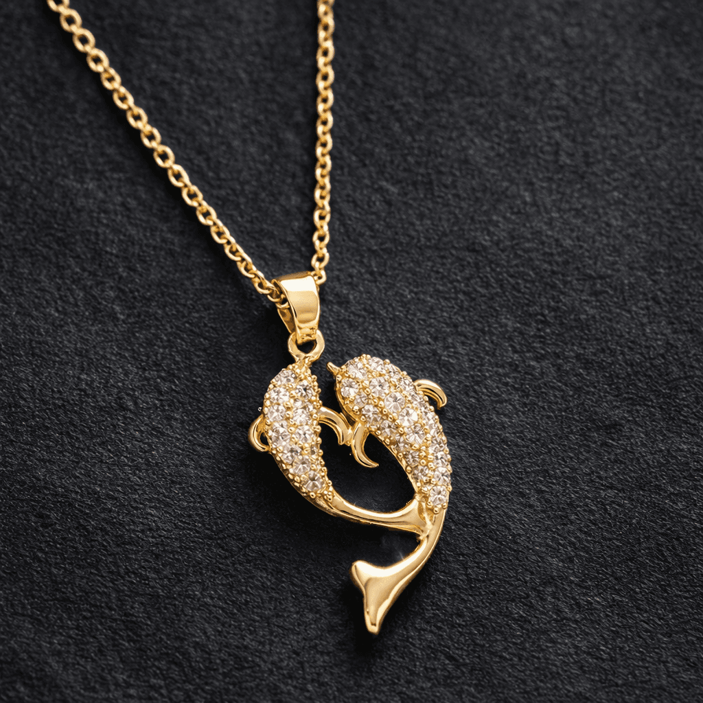 Twin Dolphin Heart Pendant Necklace